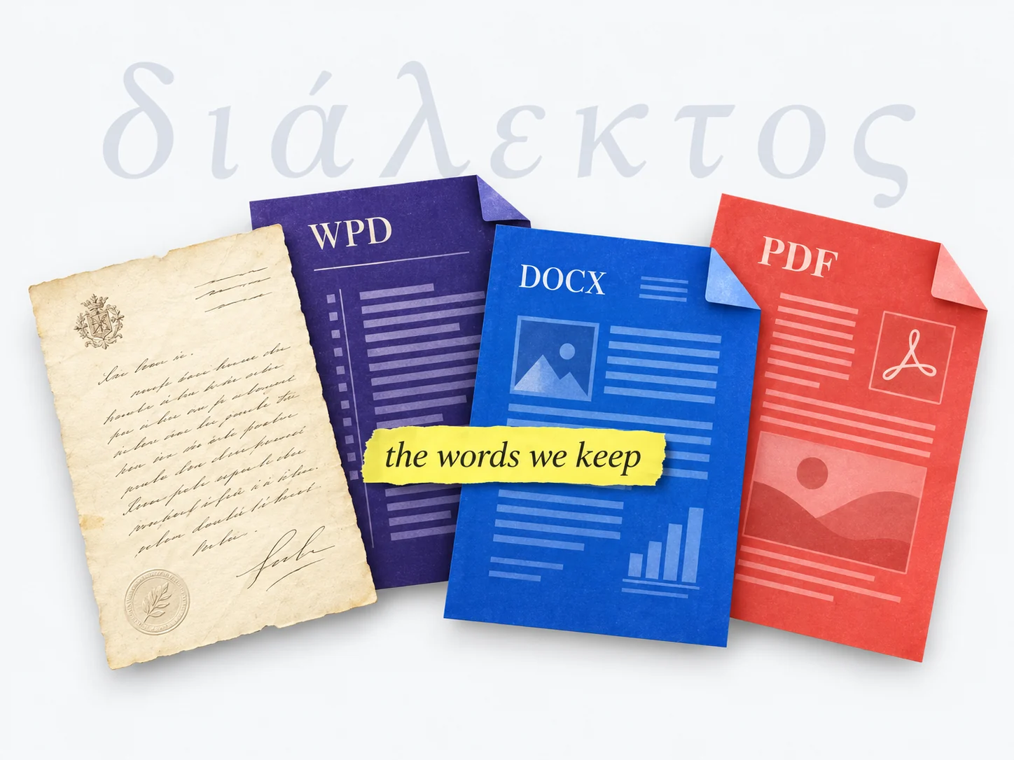 Cream, violet, blue and coral documents from different eras, connected by the highlighted phrase ‘the words we keep.’